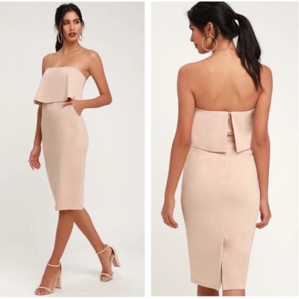 Lulus Lots of‎ Love Beige Strapless Ruffle Midi Dress XS